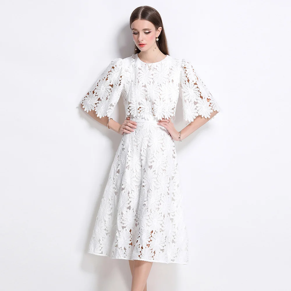 

French Elegant Temperament Women's Versatile Two-piece Set 2025 New Round Neck Hollowed Out Short Top+high Waist Half Body Set