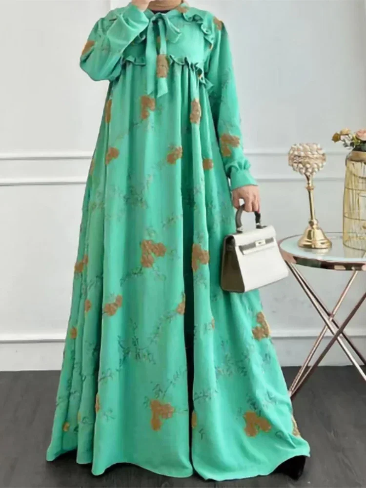 Eid Muslim Dress Women Abaya Jalabiya Ruffles Green Morocco Party Dresses Dubai Abayas Kaftan Islam Vestidos Arab Long Robe 2023