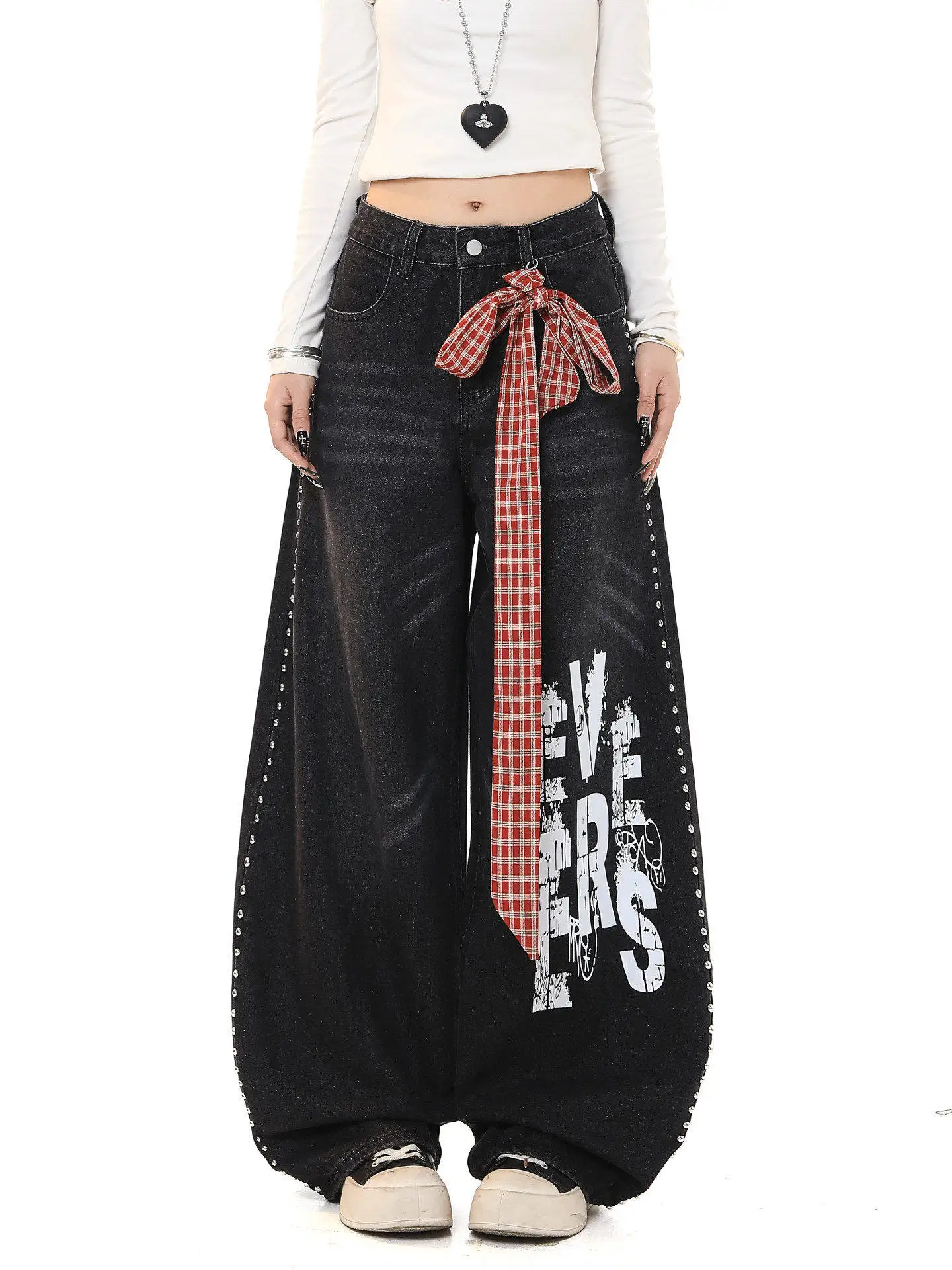 

American Sle Retro Printed Beaded Waed Denim Jeans Women's Spring Autumn Loose Versatile Slim Straight High Waist Wide Le...