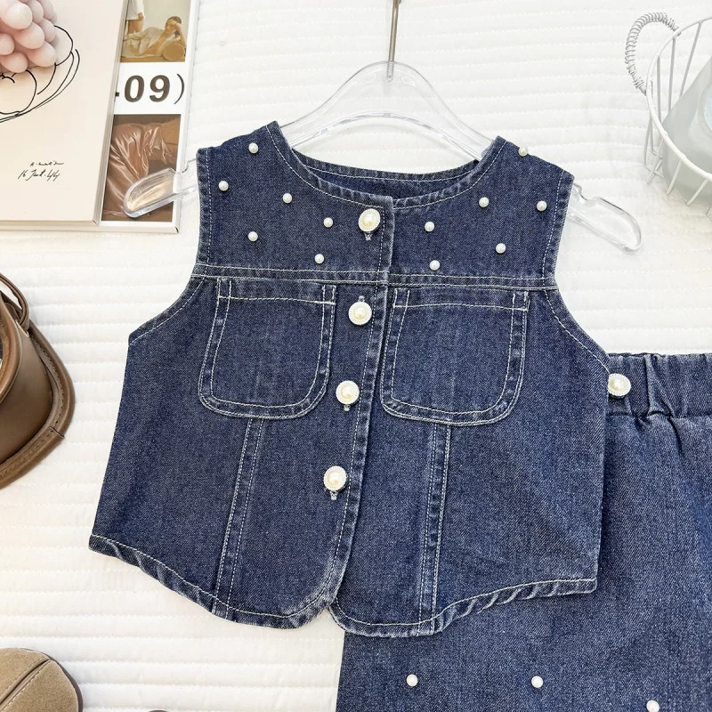 Summer Girls' Denim Suit2026New beaded denim vest top and short skirt vintage two-piece set for baby girls