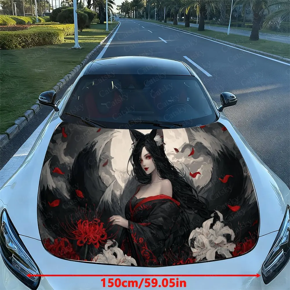 Red-Eyed Fox Spirit & Red Spider Lily Car Vinyl Wrap, PVC Waterproof Car Hood Sticker, Self-Adhesive Scratch-Resistant Stickers