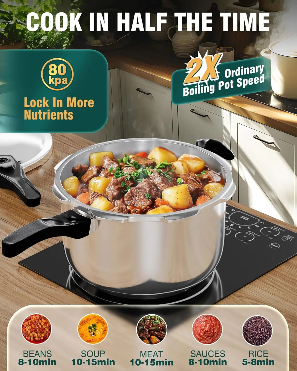 WantJoin طنجرة ضغط من الفولاذ المقاوم للصدأ سعة 6.5-14 لتر، مجهزة بأجهزة حماية صمام الزنبرك، متوافقة مع الغاز والحث