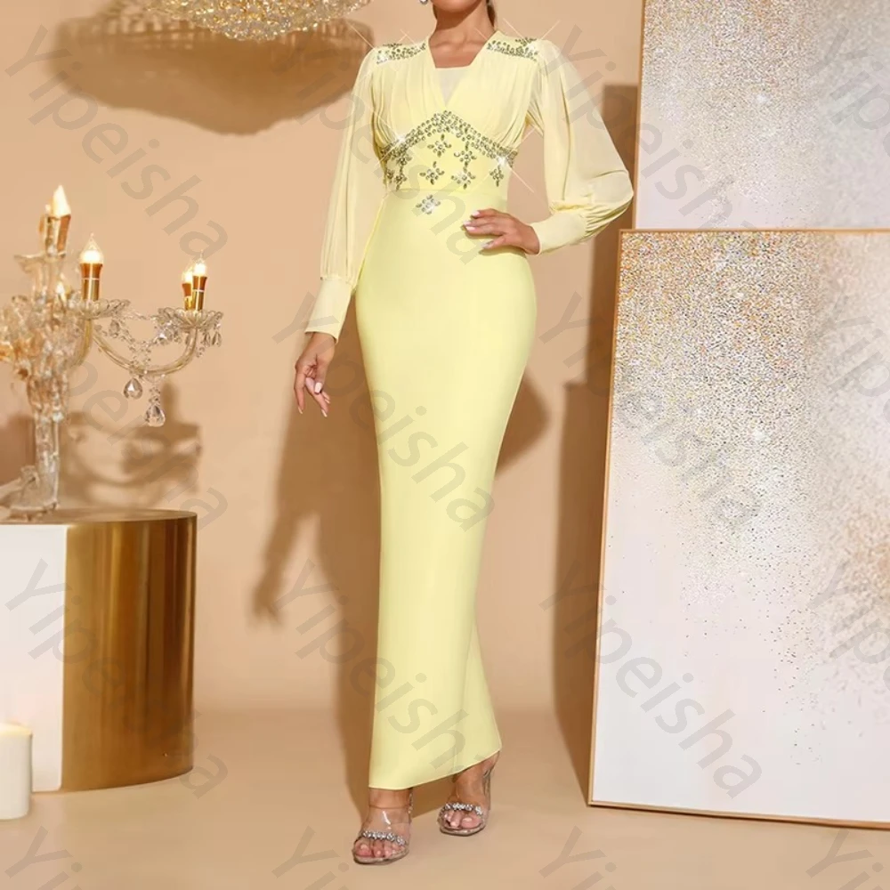 

Elegant V-Neck Long Sleeves Diamond Rhinestones Evening Dresses Exquisite High Quality Prom Party Gowns for Women Customized