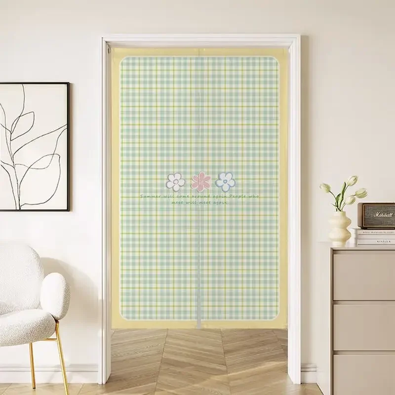 VIKAMA Fresh Green Checkered Floral Japanese-Style Half Curtain, Floral-Printed Fabric Curtain, Privacy Screen, Home Decor