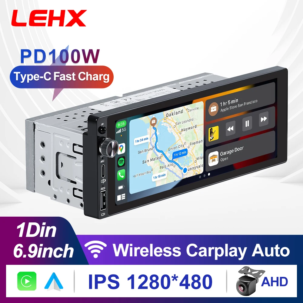 LEHX 1din 6,9 IPS pantalla táctil Carplay Android Auto Mirror Link Radio para coche Multimedia 1 din estéreo para coche reproductor MP3 MP5 unidad central FM