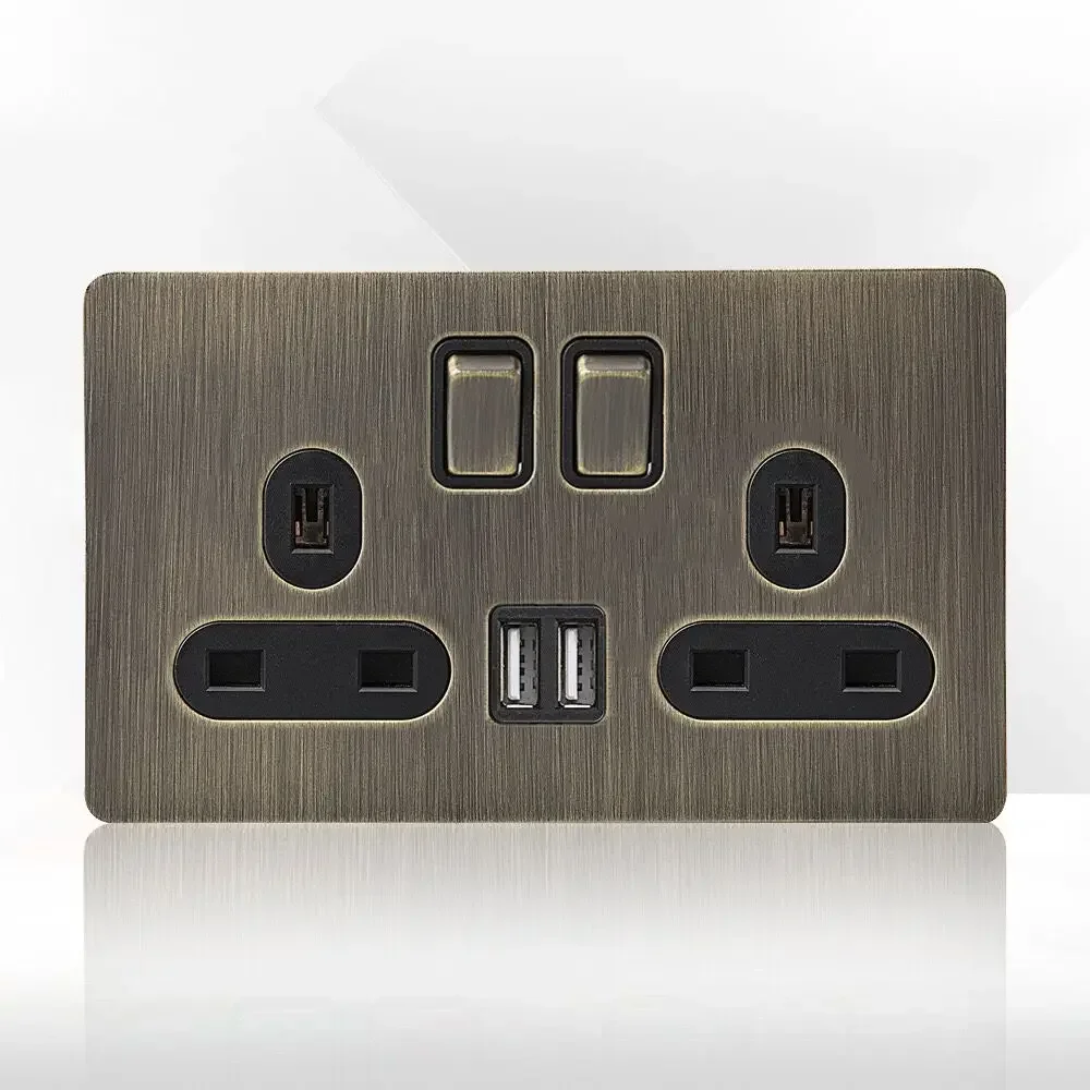 Retro Eu metalen paneel wandschakelaar lichtschakelaar stopcontact, gebronsd antiek roestvrij staal Duits 16A stopcontact met USB-telefoon opladen