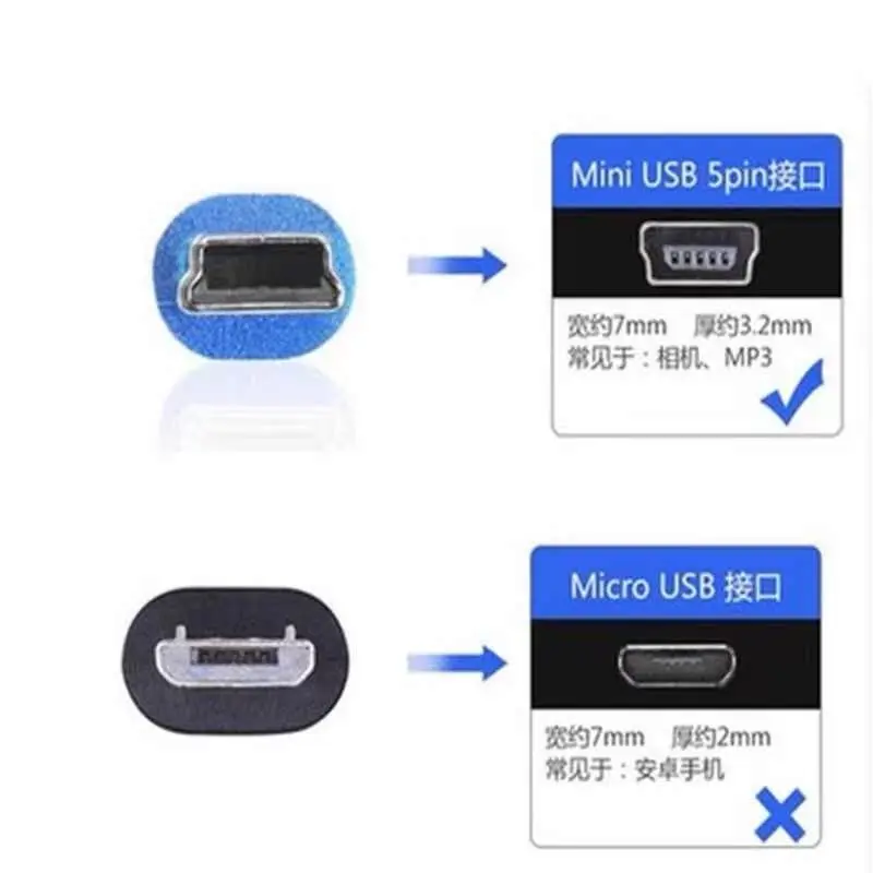 1PCS Mini USB to T Port 5P Data Cable Transparent Blue 2.0 USB Car Cable 1.5/3/5m