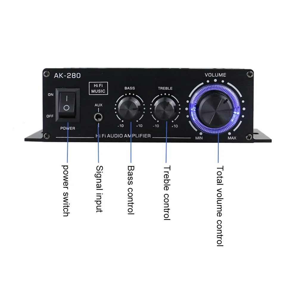 AK-280 Digital Amplifier 12V 40W+40W HIFI Digital Stereo Audio Amplifier 2 Channel Home Theater Support Treble Bass AUX input