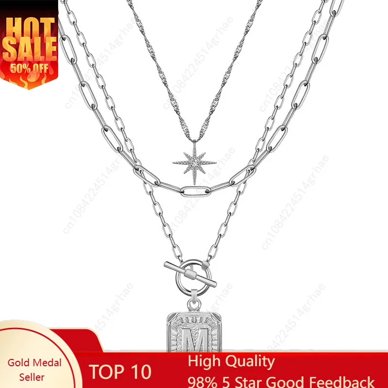 

Layered Initial Necklaces for Women Trendy, 14K Gold Plated Brass Simple Star Choker Square Letter Pendant Necklace, P