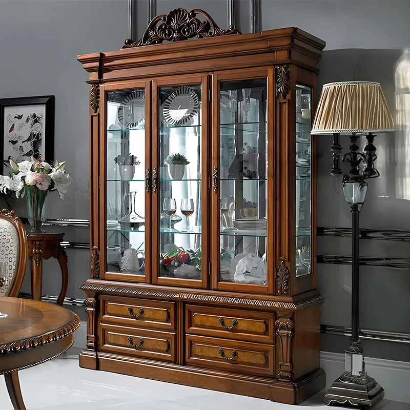 

Wine cabinet Solid wood American country 3-door wine cabinet Glass European retro living room side Locker jewelr