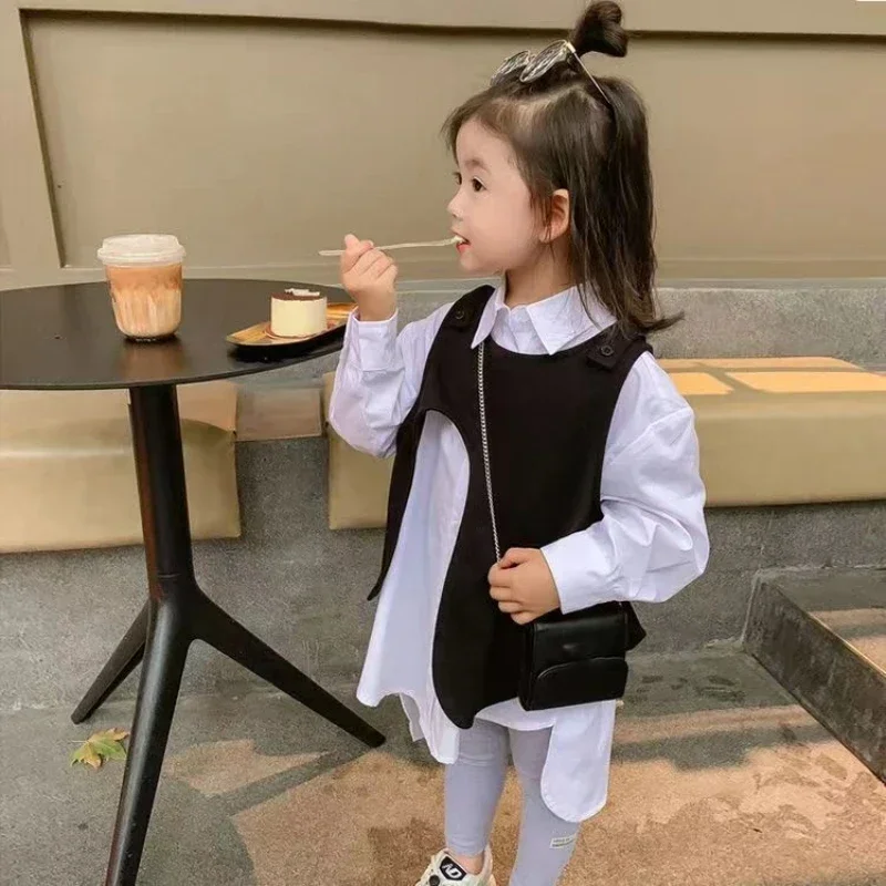 Girls' Shirt Set White Shirt+Black Irregular Vest 2 Pieces 2023 Spring and Autumn Children's Fashion Trend Top