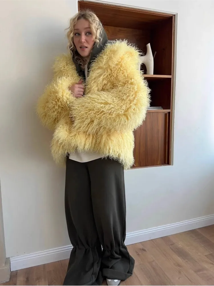 المتضخم النساء الشتاء ايكو الفراء سترة الشعر الطويل الصلبة التلبيب طوق الفراء الاصطناعي سترة للإناث مترهل الدافئة معطف الفرو سيدة #3