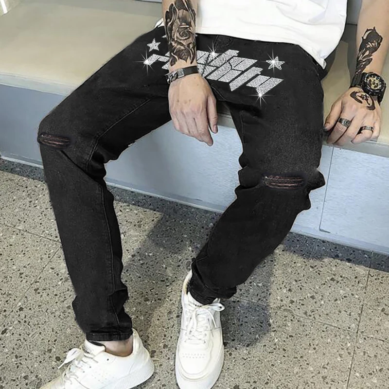 Y2k Mens Clothing Black Stretch Hole Jeans Slim Fit Rhinestone Streetwear Punk Party Trousers Fashion Man Denim Pencil Pants New