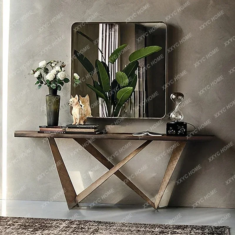 Modern cross-shaped stainless steel entrance table Walnut solid wood entrance table End view table