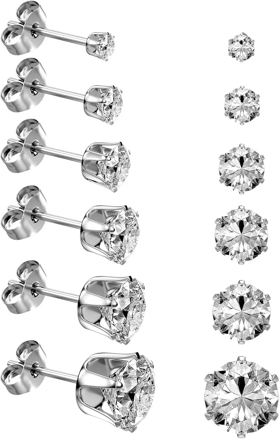 

316L Stainless Steel Stud Earrings Set, Silver Plated, Hypoallergenic CZ, 3-8mm, for Women and Men