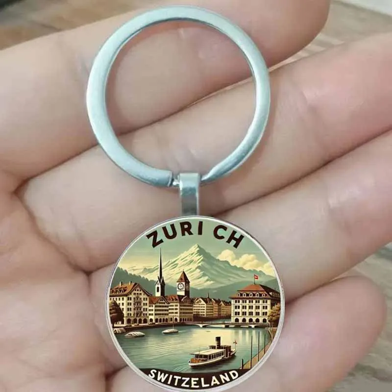 Брелок Zurich Swiss City Landscape — ретро и ностальгический швейцарский альпийский дорожный сувенир с горами, отелями, озерми — подходит