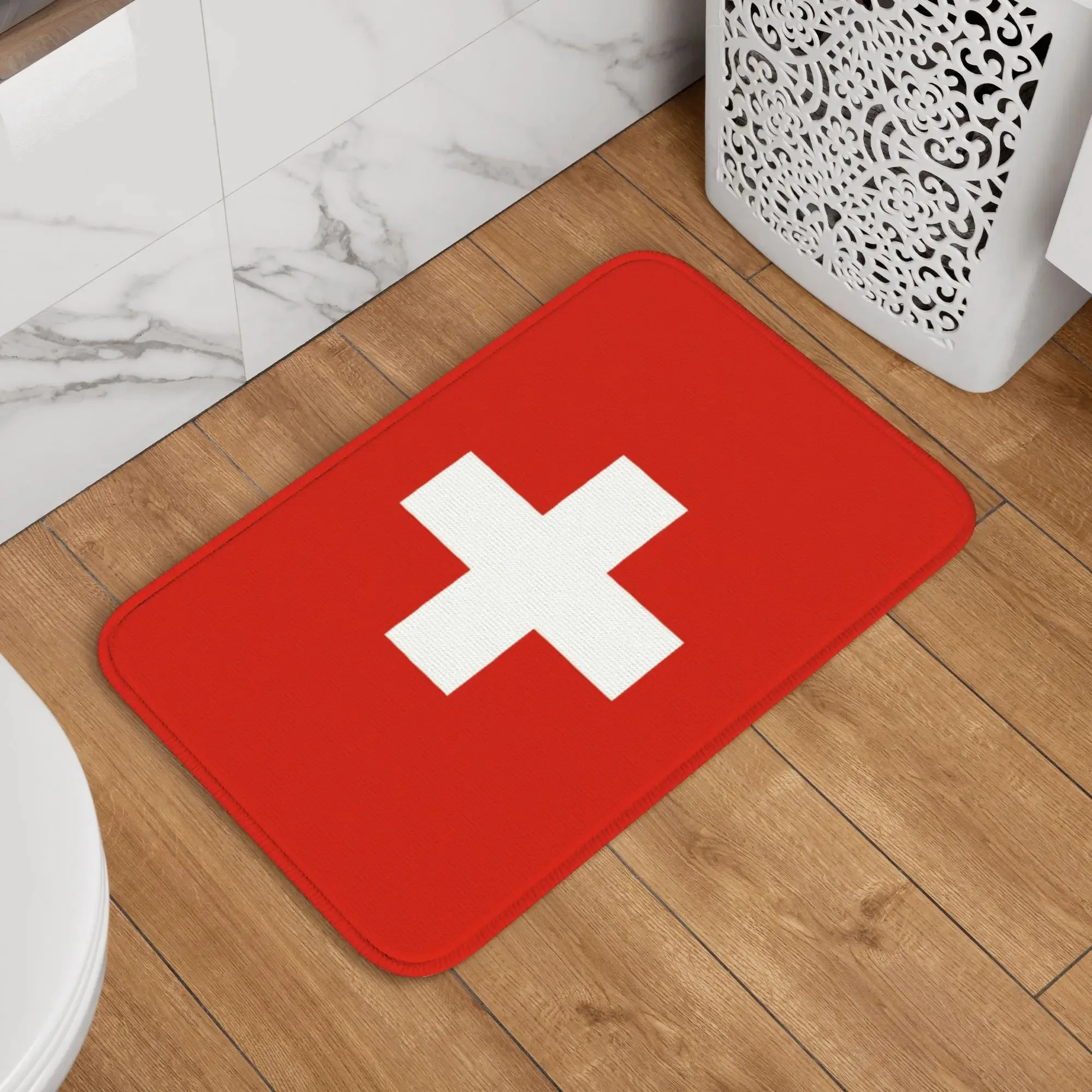 Swiss Flag Cross Design Bathroom Mat Durable Polyester Non-Slip Entrance Rug for Door and Floor