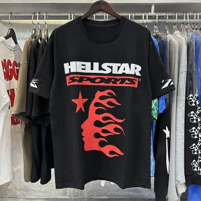 2026 new Hellstar Sports Flame Face Star Graphic T Shirt Unisex Black Short Sleeve Tee Streetwear Casual Loose Daily Top