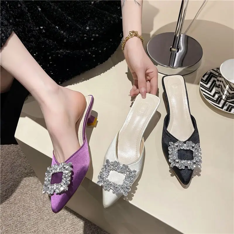 Women's Crystal Embellished Peep Toe Mules Summer Fashion Low Heel Slip-On Sandals Trendy Dressy Casual Shoes