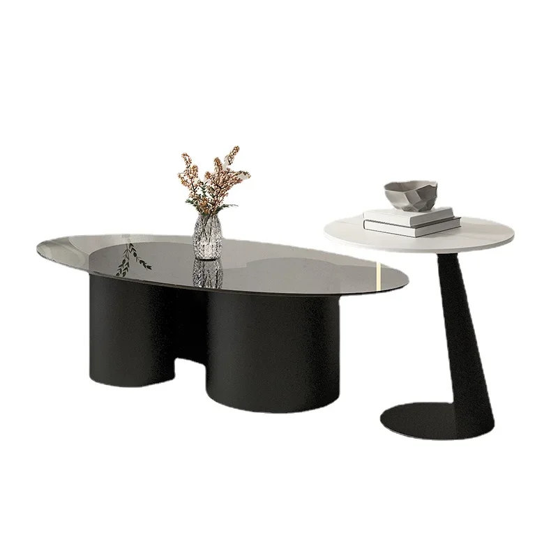 Light Luxury Oval Rock Plate Mother Tea Table Simple Household Tempered Glass Edge Table Side Table