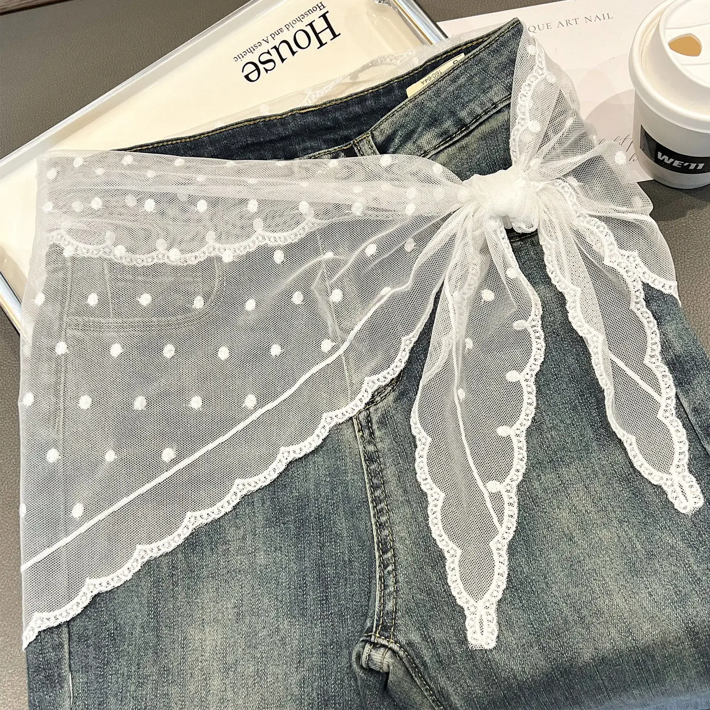

White Lace Waistband Polka Dot Triangle Headscarf Fart Curtain Mesh Lace Waist Belt Skirt Jeans Belt Hair Scarf Girl Accessories