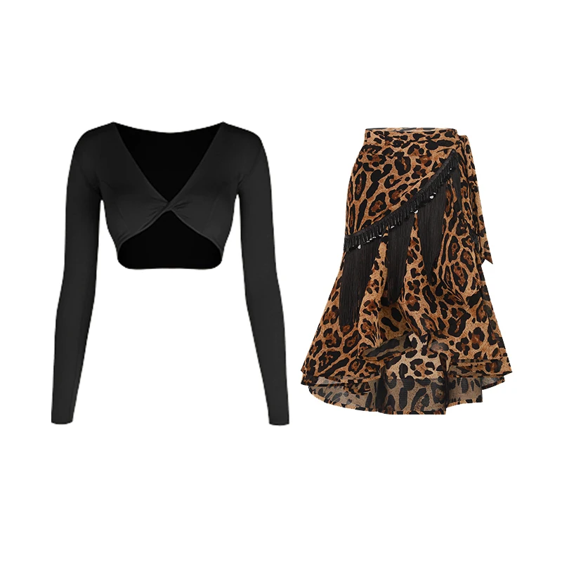 Spódnica do tańca latynoamerykańskiego ZYM, damska, do rumby, cha-chy, samby, na występy taneczne, czarna, z frędzlami, wzór w panterkę, z fiszbinami, strój do ćwiczeń, DNV24655