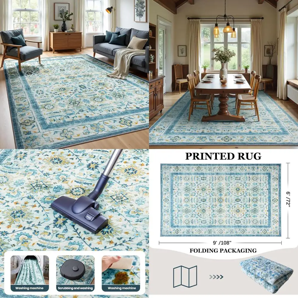 

Washable 6x9 Area Rugs: Non-Slip, Kid and Pet Friendly, Vintage Floral Design for Living Room and Bedroom