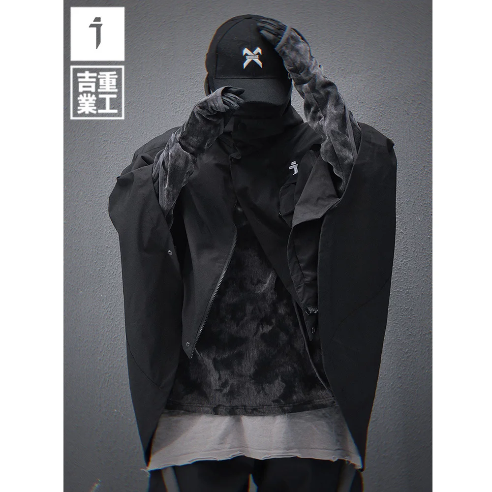 11 BYBB'S DARK Spring 2025 جديد وظيفية مقنعين معطف قصير عباءة سترة شال الرجال فضفاض الهيب هوب موضة التكتيكية