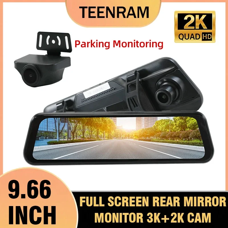 TEENRAM-Touch Screen Driving Recorder, Car Rearview Monitor, Night Vision, G-Sensor Function, Full Screen, 2K + 3K Camera, 9.66