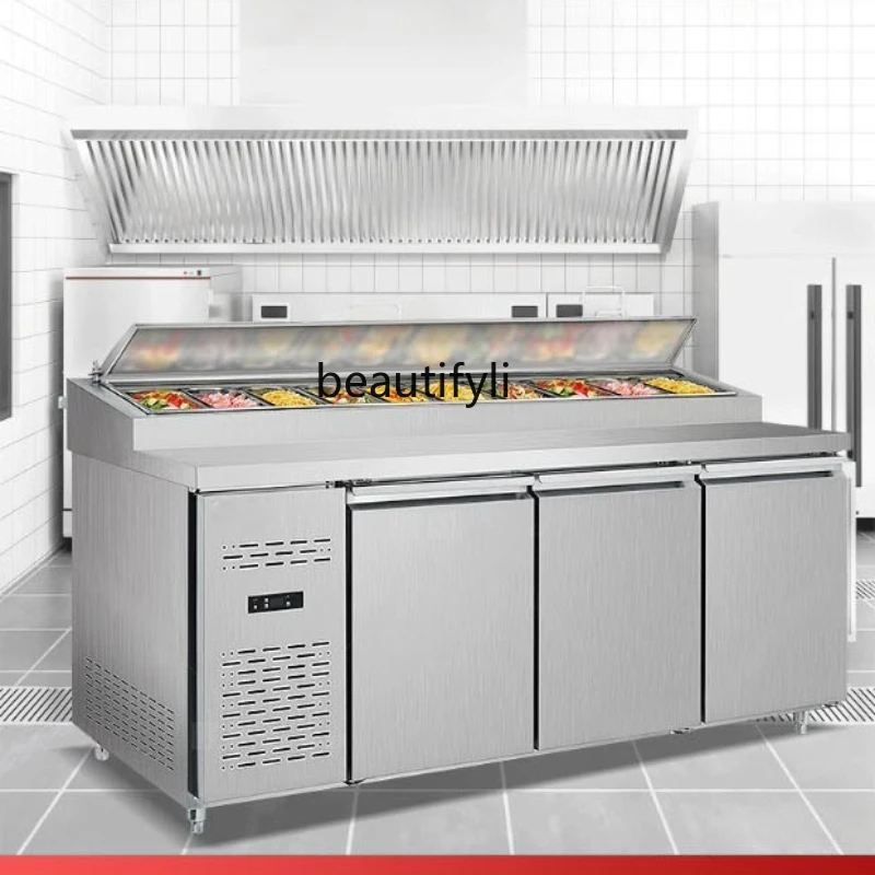 

Pizza Topping Station Cold Dish Display Cabinet Horizontal Salad Workbench Commercial Air-Cooled Freshness Preservation Cabinet