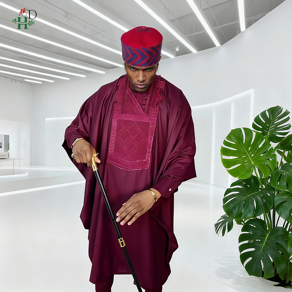 H & D-Conjunto tradicional africano de 3 uds para hombre, conjunto Thobe Borgoña Agbada, bata bordada de talla grande para bodas, festivales, ceremonias