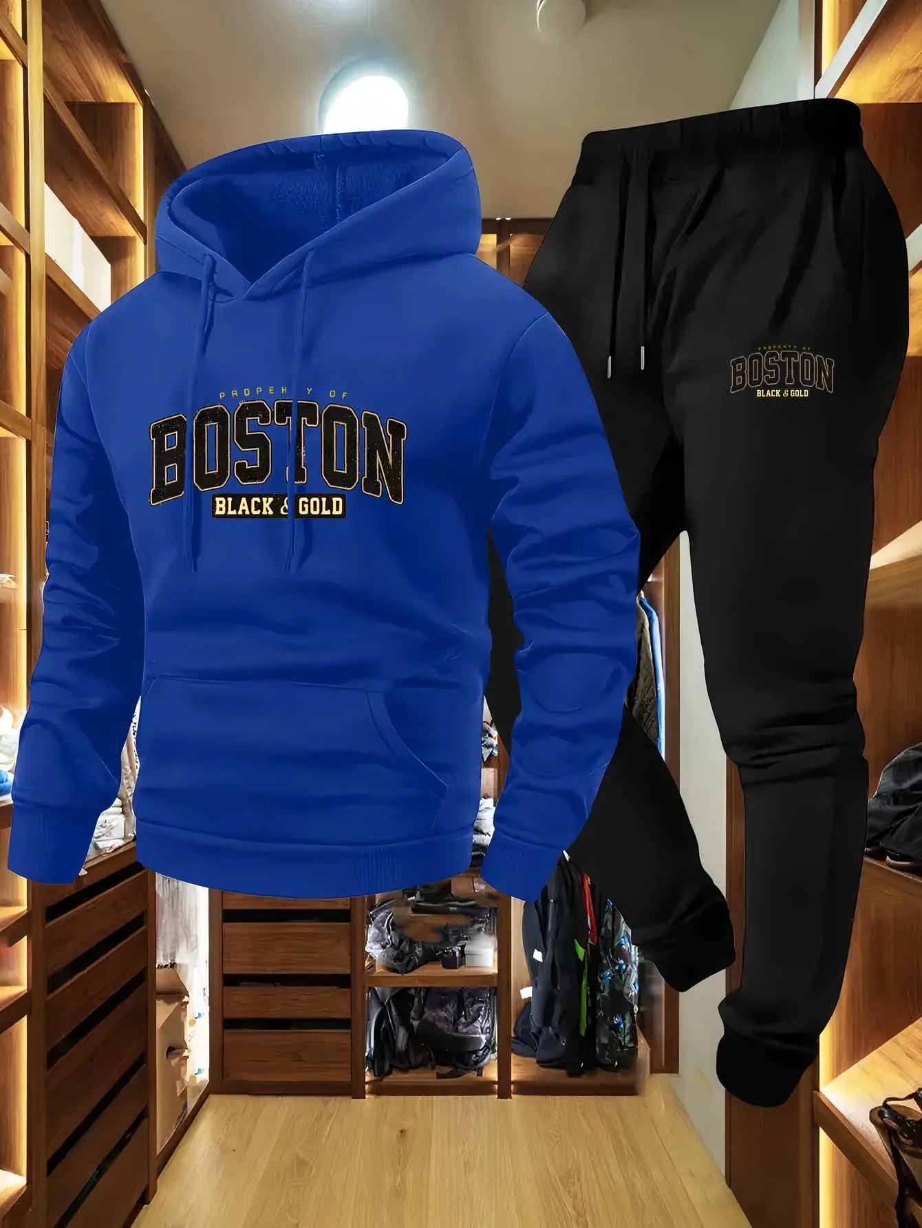 Conjunto de sudadera con capucha y pantalones de chándal informales de 2 piezas para hombre - Conjunto de deportes al aire libre para hombre con estampado de letras de Los Ángeles con capucha larga S