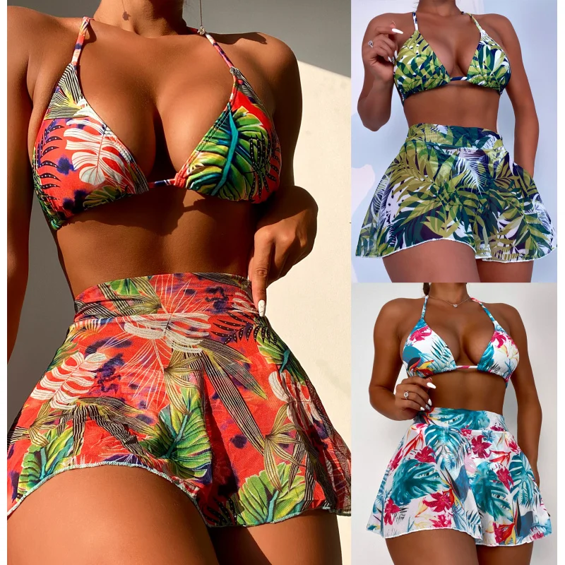 big flower leaf three-piece split swimsuit bikini ws530