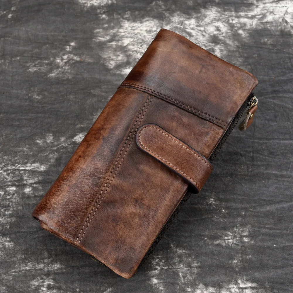 Retro Leather Wallet Men's Long Casual Style Fashion Splicing Design Multi-Card Slot Genuine Leather Handbag Wallet