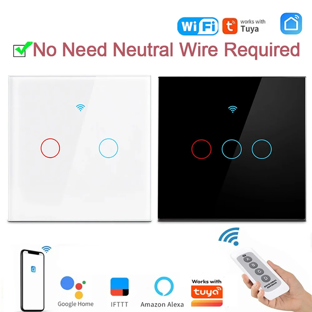 EU Tuya Smart WiFi Light Switch 1/2/3 Gang Touch Wall Switch No Neutral Wire Google Alexa Voice Control