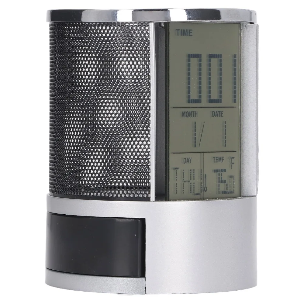 Temperature Detection Pen Holder Clock Multi-Function Circular Design Storage Pen Holder Iron Mesh Digital Alarm Clock Home