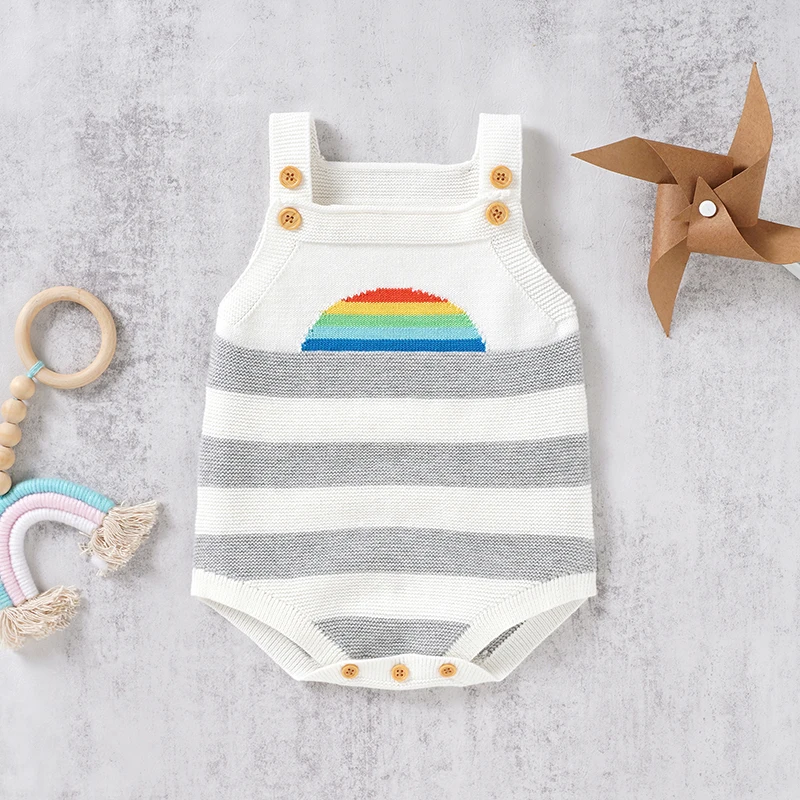 Cotton Baby Bodysuit Knit Newborn Girl Boy Jumpsuit Sleeveless Fashion Rainbow Striped Infant Sling Clothes 0-18M Overall Romper