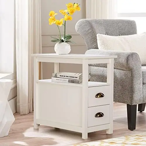 

Narrow End Table with 2 Drawers Nightstand Side Table Bedside Tables Small Sofa Table for Living Room Bedroom Speaker bluetooth