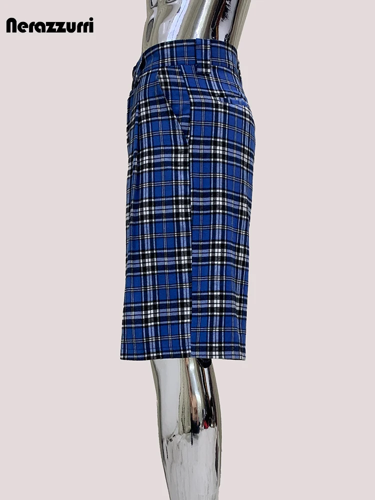 

Mauroicardi весна-лето повседневная мягкая красочная синяя клетчатая шорты для мужчин с высокой талией брюки до икр роскошная дизайнерская корейская модная одежда 2025