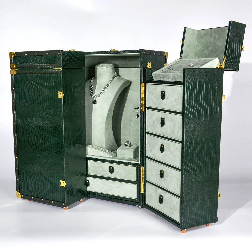 Custom oversized luxury wood and PU leather square jewelry storage cabinet with makeup mirror, TUV certified for wholesale