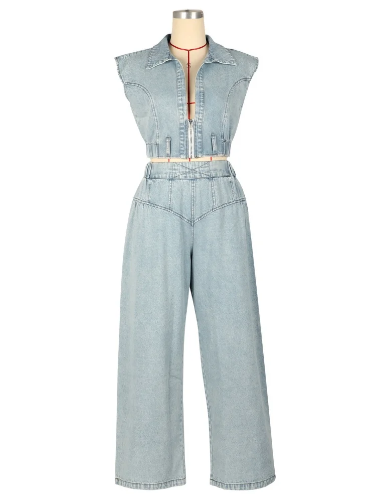 Wmstar Zweiteiliges Set für Damen, Großhandel, europäische und amerikanische Damen-Jeans-Set, sexy, ärmellos, locker, gerade, Sommer, Fancy Club