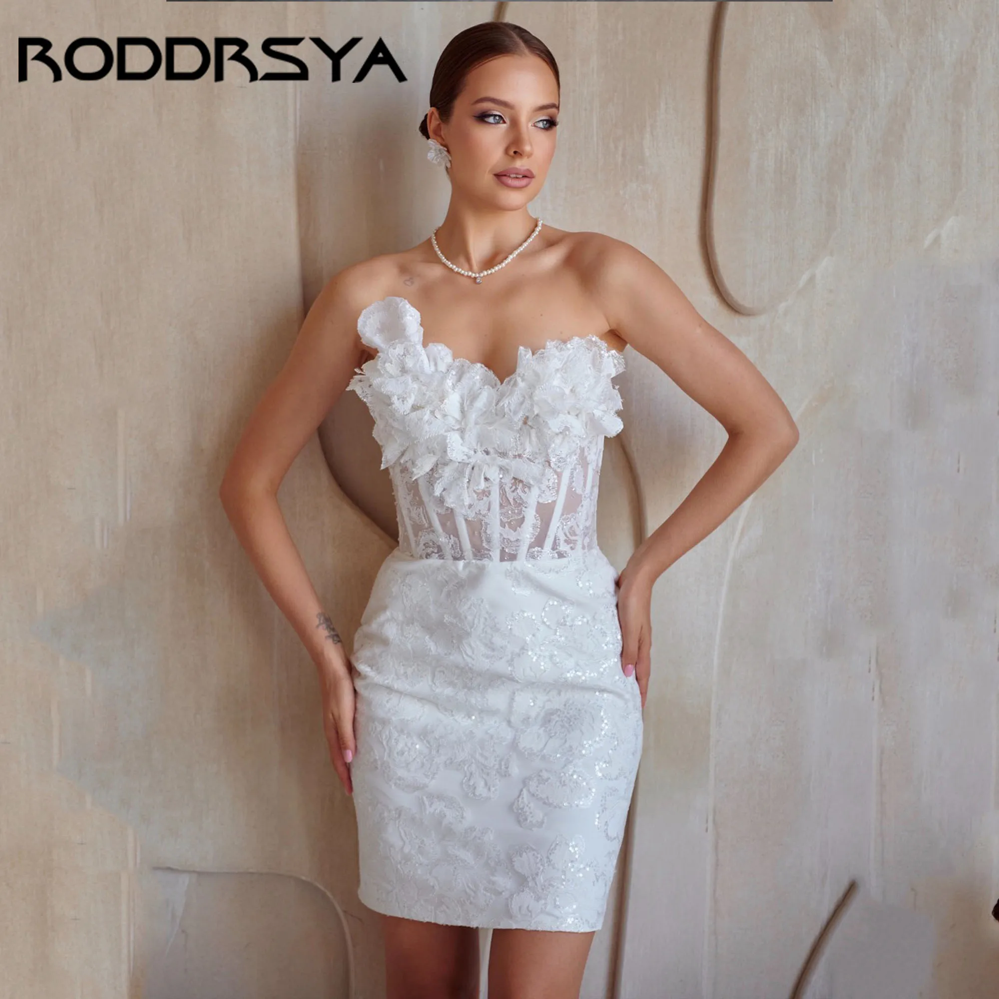 

RODDRSYA Mini Mermaid Wedding Dress Strapless Sleeveless Flowers Romantic Bridal Gown Backless Satin vestido de novia Customized