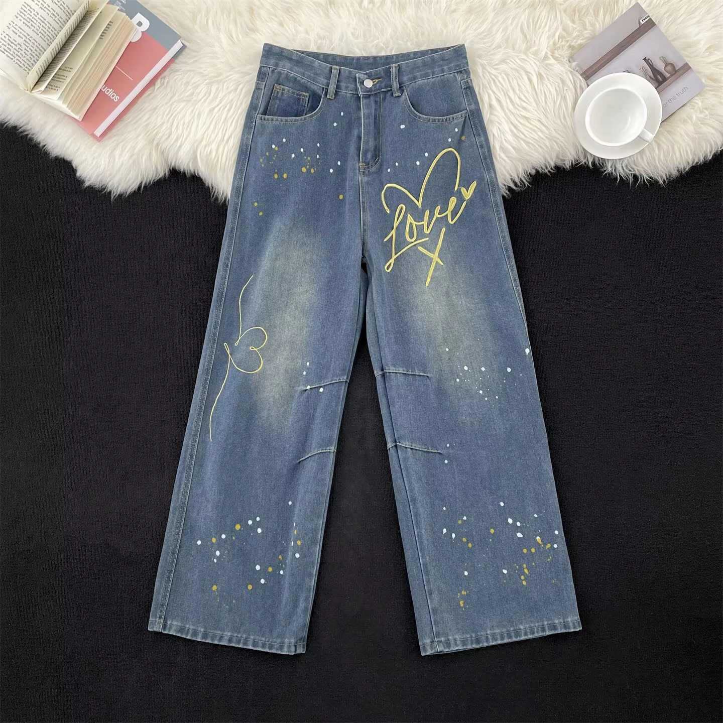 

American Sle Splaed Ink Embroidery Loose Wide Leg Jeans for Men Trendy New Design Casual Straight Loose Long Pants