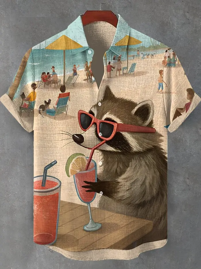 Popular Men's 3D Raccoon Print Shirts Casual Party Holiday Beach Button-up Top Fashion Outdoor Shirts Summer Short Sleeve Blouse