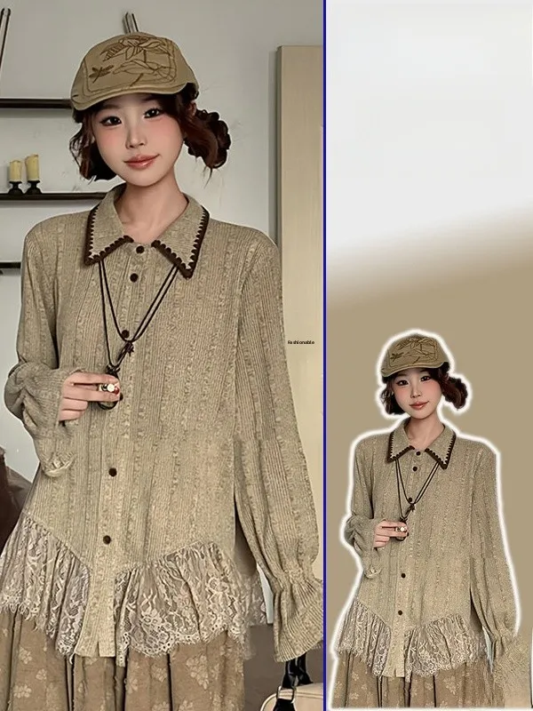 

Женская винтажная блузка больших размеров с эффектом похудения, длинными рукавами, кружевными вставками, весенняя модная повседневная блузка с рукавами-колокол для омолаживающего образа