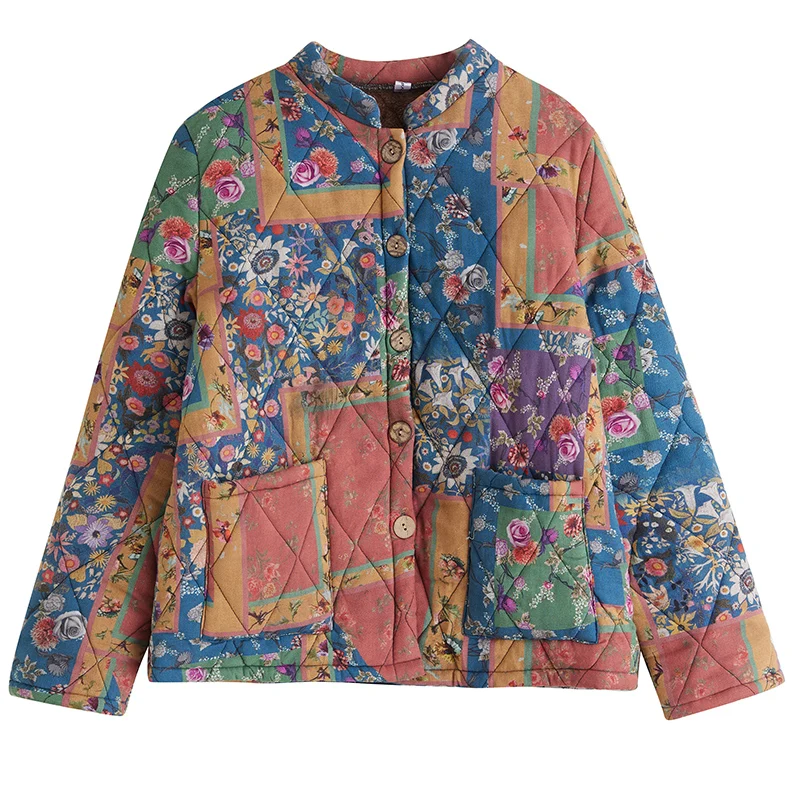 Cárdigan ligero con forro de Fce para mujer, abrigo con cuello levantado y estampado de ort, ropa de algodón cálida de invierno, corte recto informal