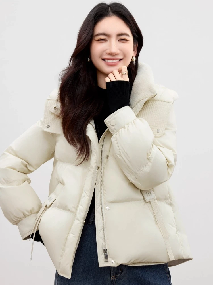 SENTUBILA Damen-Daunenjacken 2025, Winter, Stehkragen, Kapuze, lange Ärmel, Daunenmäntel, solide, lockere Passform, kurze Oberbekleidung W54YE2037