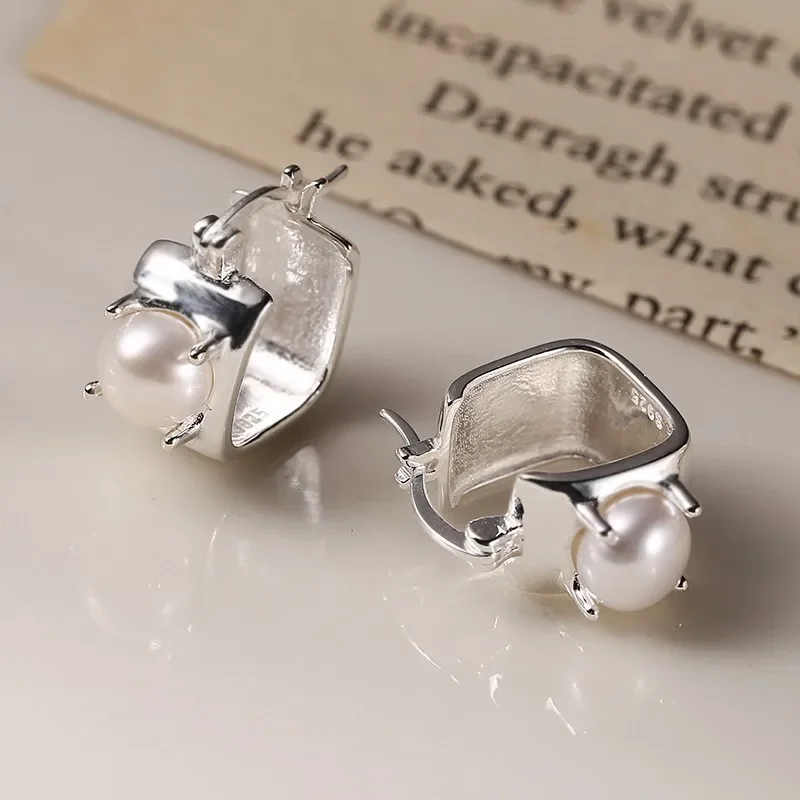 Real 925 Sterling Silver Geometric Square Pearls Hoop Earrings for Women Light Luxury Fine Jewelry Minimalist Accessories