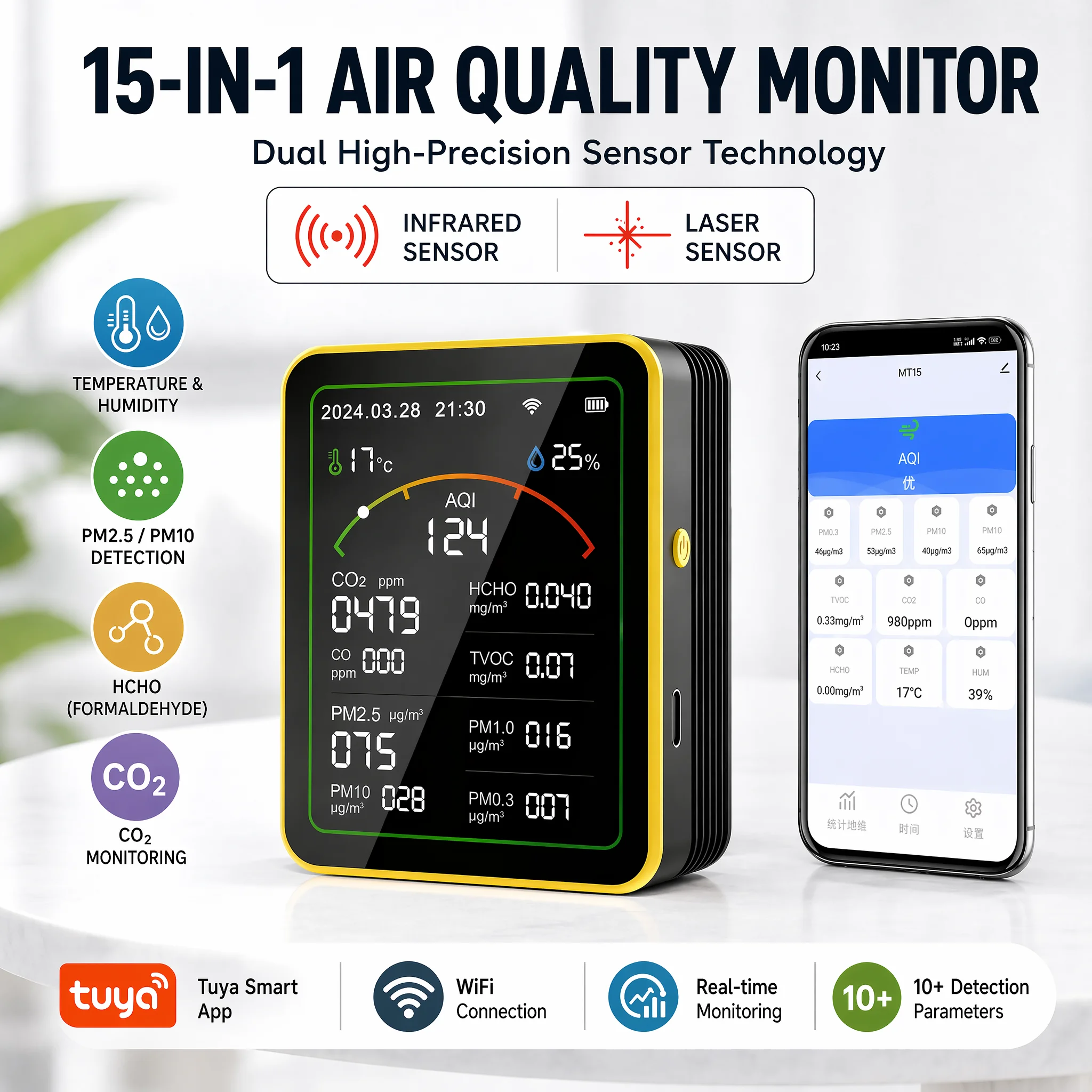 

home Tuya WiFi air quality monitor 15 in 1 gas detector USB Rechargeable AQI PM2.5 CO co2 sensor meter 이산화탄소 경보기