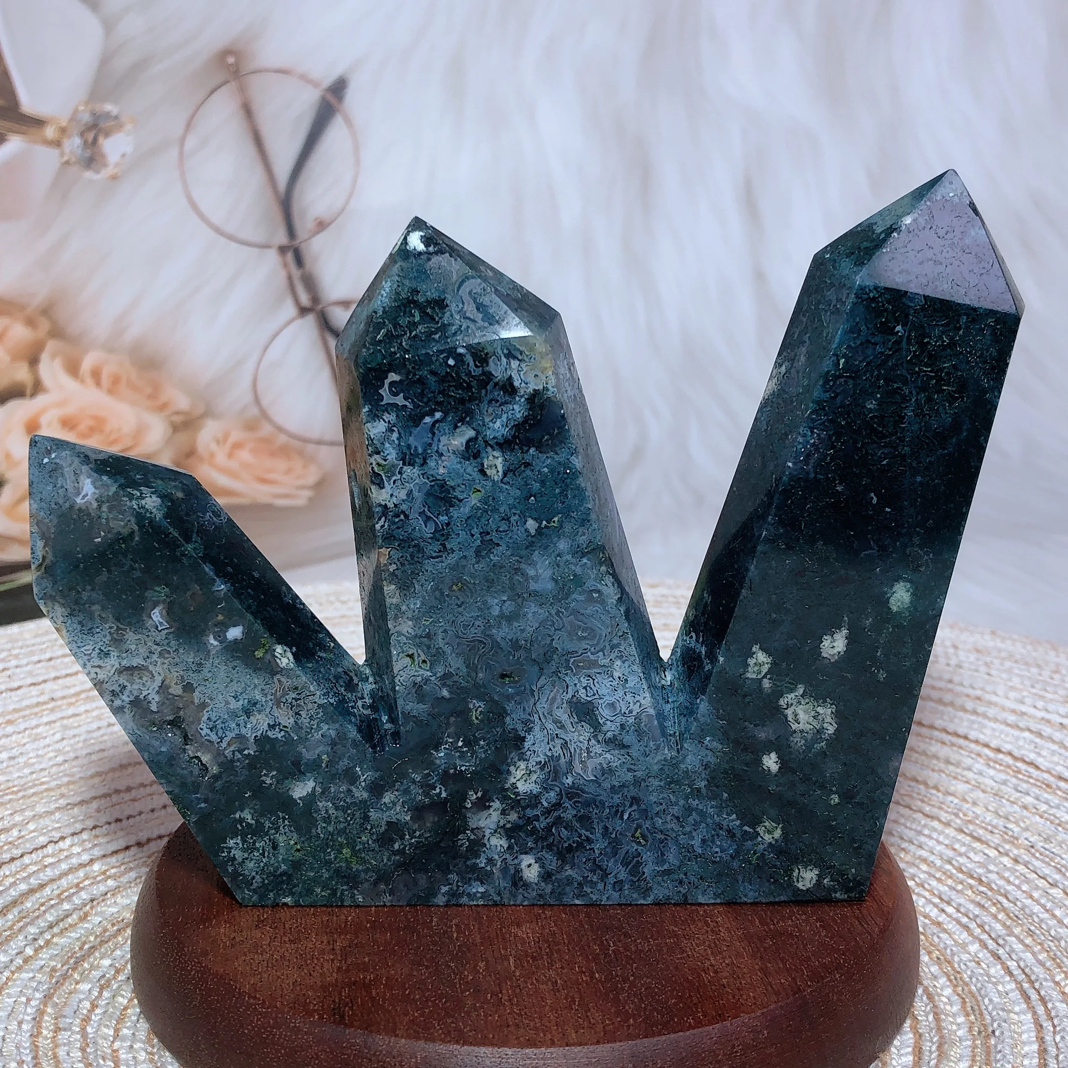 Natural Crystals Moss Agate Multiple Births Tower Druzy High Quality Healing Stone Jewelry Home Decorations Room Decor Mineral